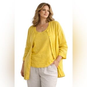 Eileen Fisher 100% Irish Linen 2-Piece Set Yellow Tank & Button-Up Cardigan